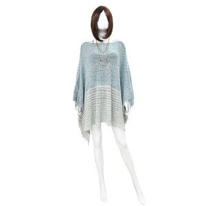 Soft Knit Tassel Poncho Blue Bohemian-Style One Size Two Tone Knit Shawl